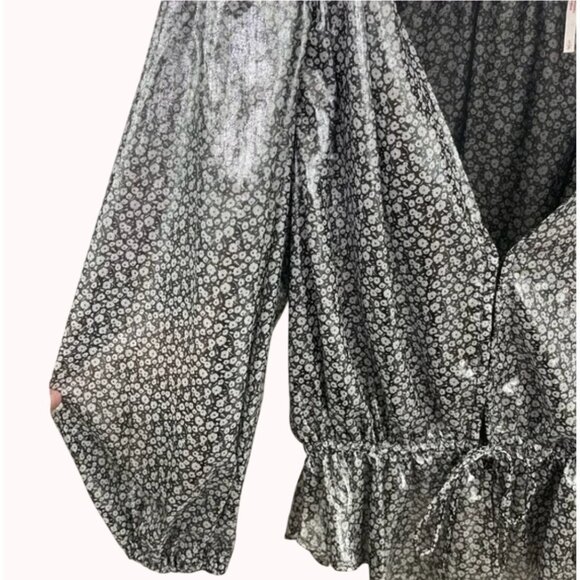 Free People XS Talk That Talk Metallic Silver Floral Puff Sleeve Ruffle Top - Picture 5 of 15